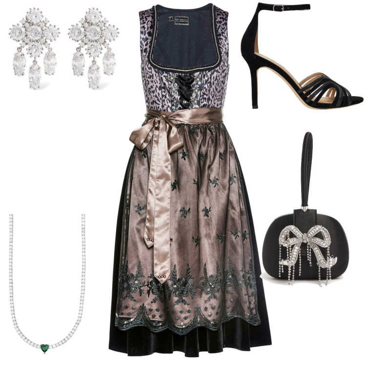 Outfit donna - charme. Stile Glamour per Cerimonia. Abbinamento con vestiti, collane, sandali in pelle, pochette, orecchini.