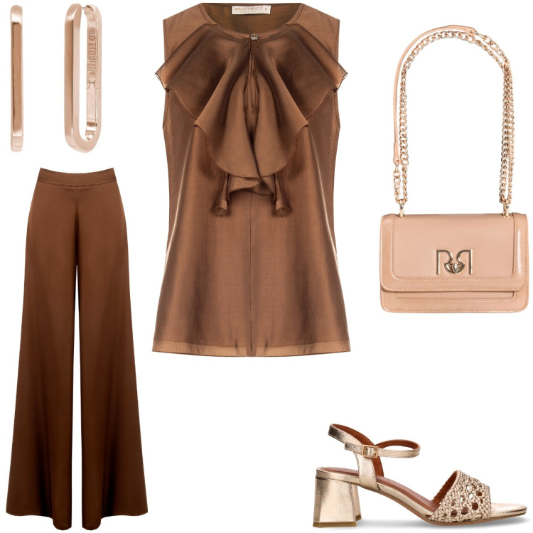 Outfit donna - Marron glacé. Stile Chic per Serata fuori. Abbinamento con pantaloni a palazzo, bluse, borse a tracolla, orecchini, sandali col tacco.