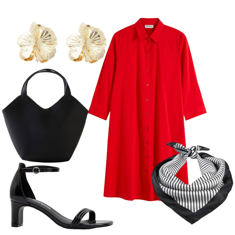 Outfit donna - Total look #2187526. Stile Casual chic per Tutti i giorni. Abbinamento con vestiti chemisier, foulard, borse a mano, sandali col tacco, orecchini.