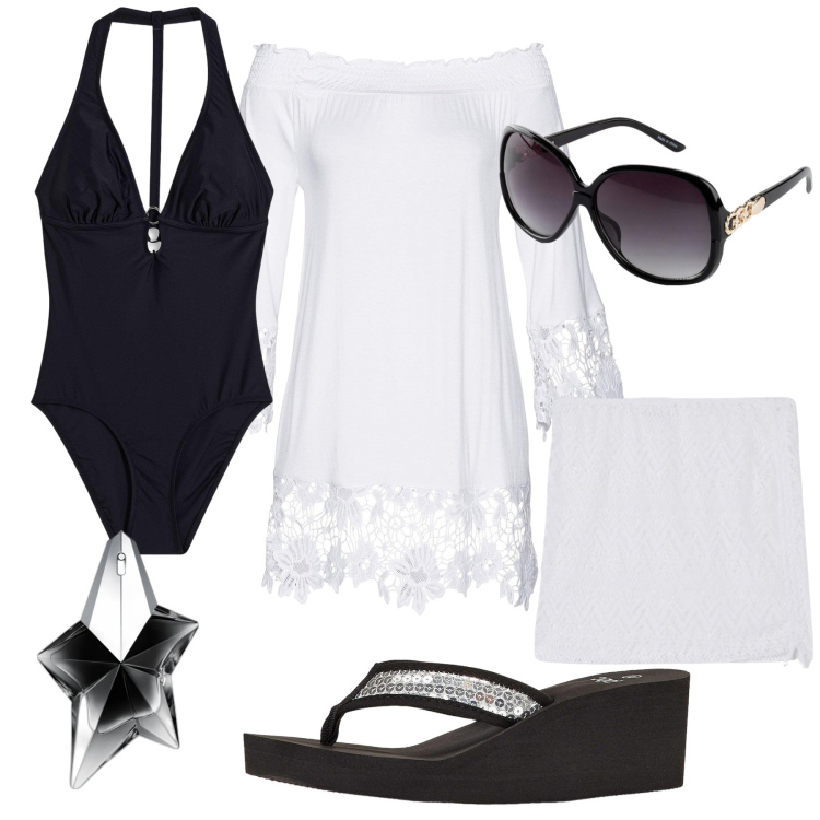 Outfit donna - Bianco e nero. Stile Boho per Mare. Abbinamento con costumi interi, infradito, occhiali da sole, tuniche, profumi, minigonne.