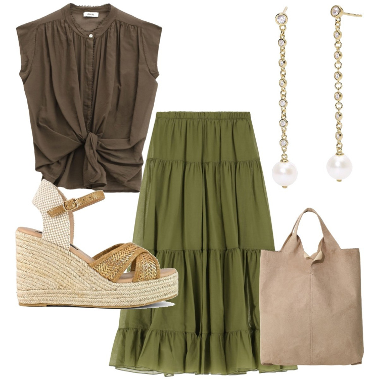 Outfit donna - Total look #2187529. Stile Vintage retrò Abbinamento con orecchini, camicie, gonne lunghe, shopping bag, zeppe.