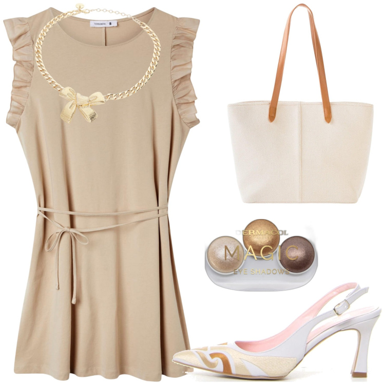 Outfit donna - Bianco e beige. Stile Minimal per Tutti i giorni. Abbinamento con shopping bag, ombretti, vestiti, collane, décolleté.