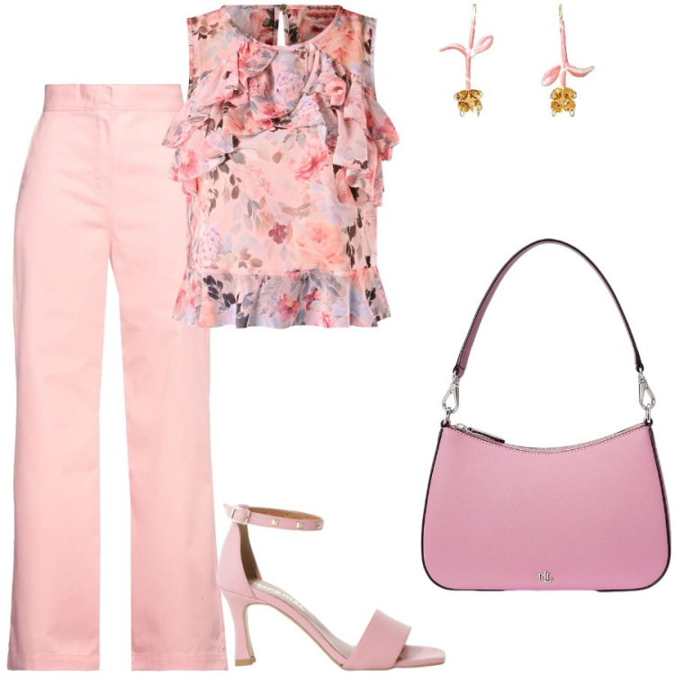 Outfit donna - The lady in pink. Stile Romantica per Serata fuori. Abbinamento con pantaloni, orecchini, top, sandali col tacco, borse a spalla.