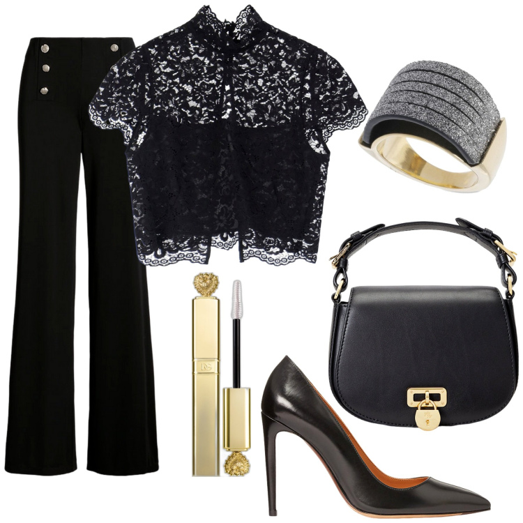 Outfit donna - Cena in nero. Stile Chic per Serata fuori. Abbinamento con mascara, top, borse a tracolla, décolleté, pantaloni, anelli.