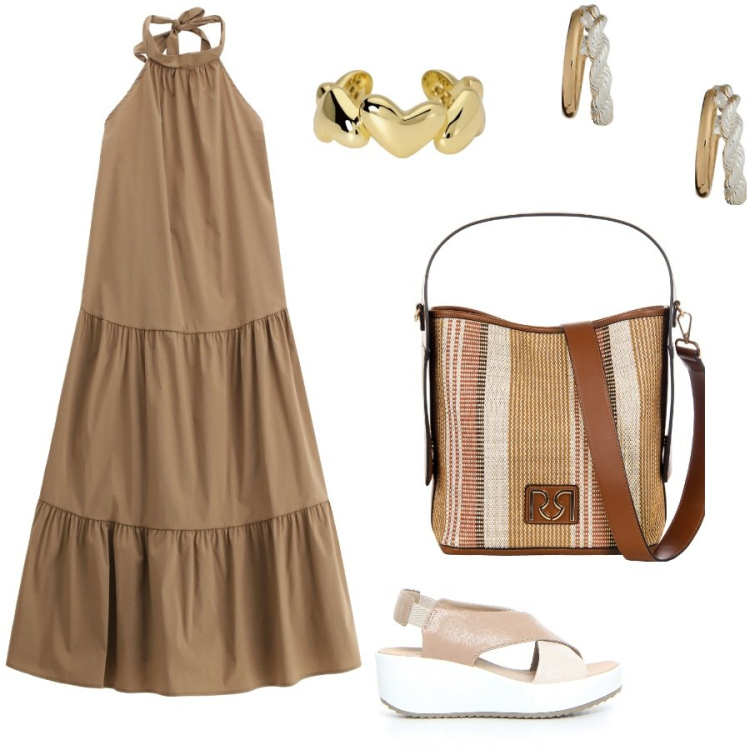 Outfit donna - L\'abito a balze. Stile Casual chic per Tutti i giorni. Abbinamento con anelli, borse a secchiello, vestiti midi/longuette, orecchini, sandali.
