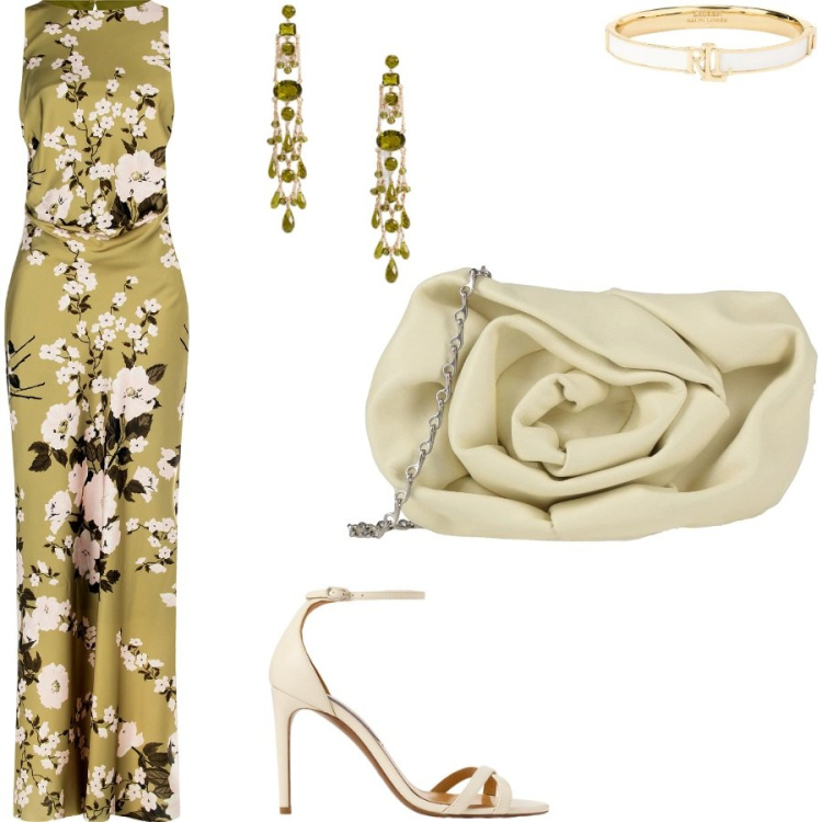 Outfit donna - Matrimonio sul prato inglese. Stile Glamour per Cerimonia. Abbinamento con borse a tracolla, vestiti lunghi, sandali col tacco, orecchini, braccialetti.