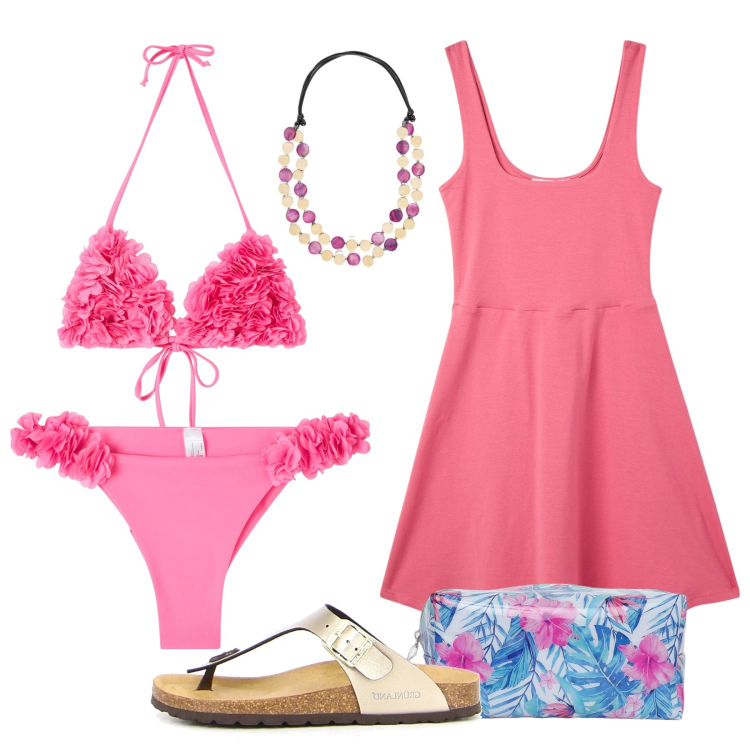 Outfit donna - Il bikini che si fa notare. Stile Trendy per Mare. Abbinamento con vestiti corti, bikini, pochette, bikini, collane, infradito.