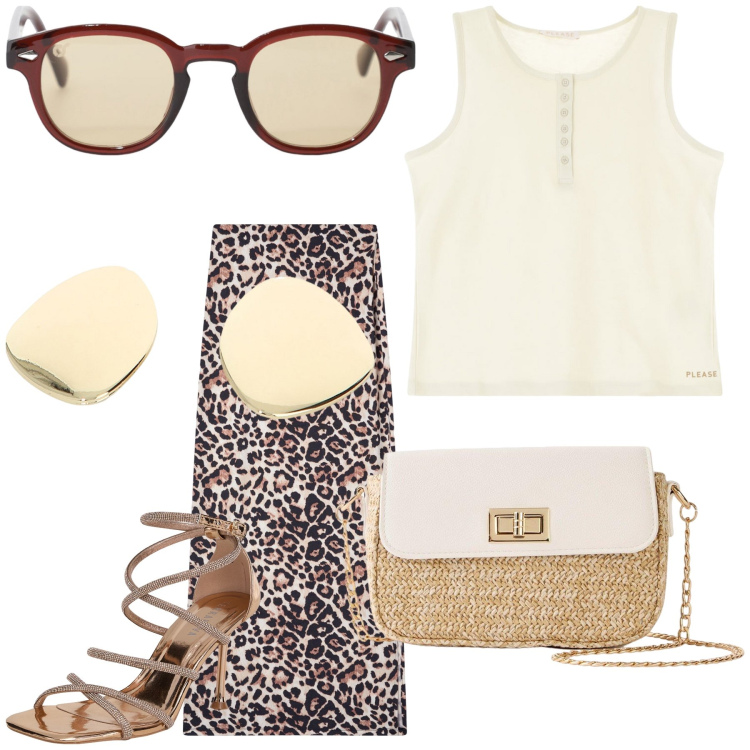 Outfit donna - Tacchi animalier e tutto ok per lavoro. Stile Urban per Ufficio. Abbinamento con shopping bag, gonne lunghe, sandali col tacco, canottiere, occhiali da sole, orecchini.