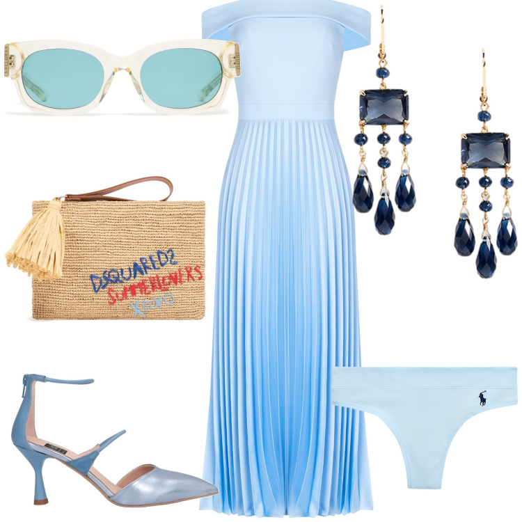 Outfit donna - Cerulea cerimonia. Stile Chic per Cerimonia. Abbinamento con décolleté, vestiti, orecchini, perizomi, pochette, occhiali da sole.