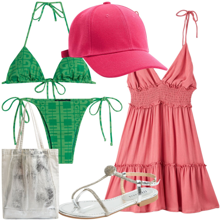 Outfit donna - Mare scontato e colorato. Stile Trendy per Mare. Abbinamento con vestiti corti, cappelli, shopping bag, ciabatte, bikini, bikini.