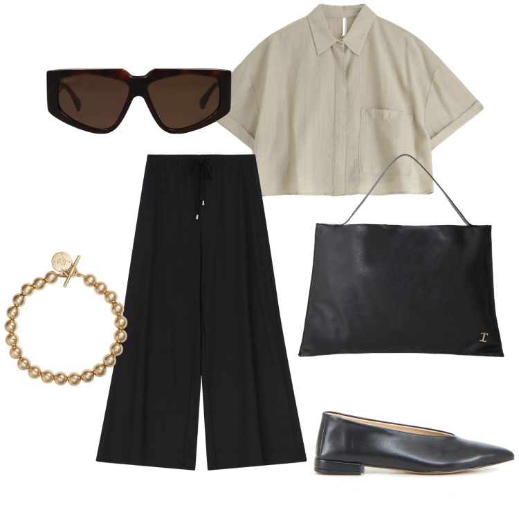 Outfit donna - La camicia crop per l ufficio. Stile Urban per Ufficio. Abbinamento con occhiali da sole, borse a spalla, pantaloni, camicie a manica corta, braccialetti, ballerine.