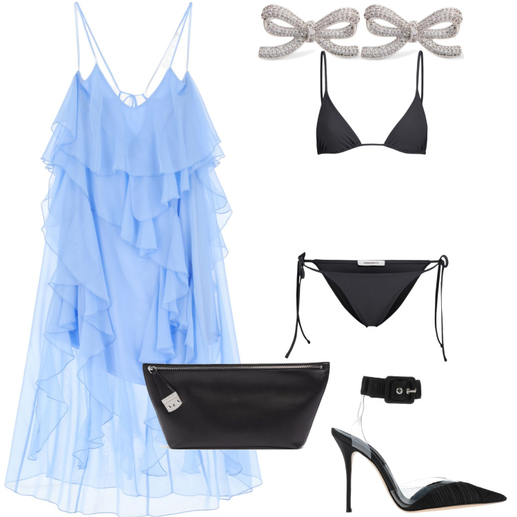 Outfit donna - Color del mare per festa in spiaggia. Stile Bon Ton per Mare. Abbinamento con décolleté, vestiti lunghi, orecchini, pochette, bikini.