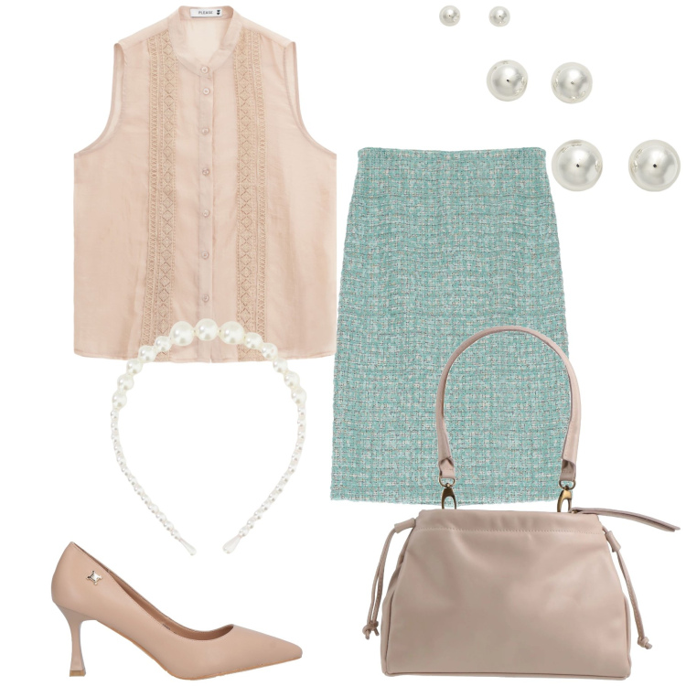 Outfit donna - Perle al lavoro. Stile Bon Ton per Ufficio. Abbinamento con borse a mano, décolleté, top, gonne longuette, cerchietti, orecchini.