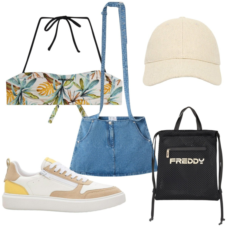 Outfit donna - Total look #2187591. Stile Basic per Mare. Abbinamento con sneakers, minigonne, cappelli con visiera, zaini, bikini.