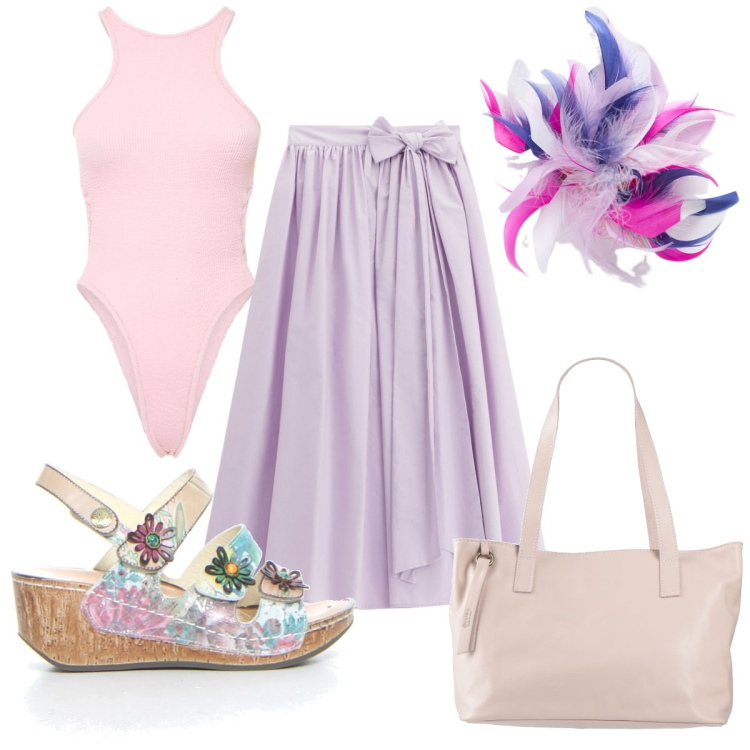 Outfit donna - Total look #2187592. Stile Trendy per Tutti i giorni. Abbinamento con borse a mano, gonne lunghe, accessori per capelli, sandali, costumi interi.