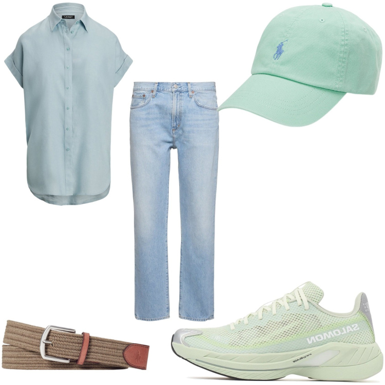 Outfit uomo - Estate in verde acqua. Stile Urban per Tutti i giorni. Abbinamento con cappelli, cinture, camicie a manica corta, sneakers, jeans.