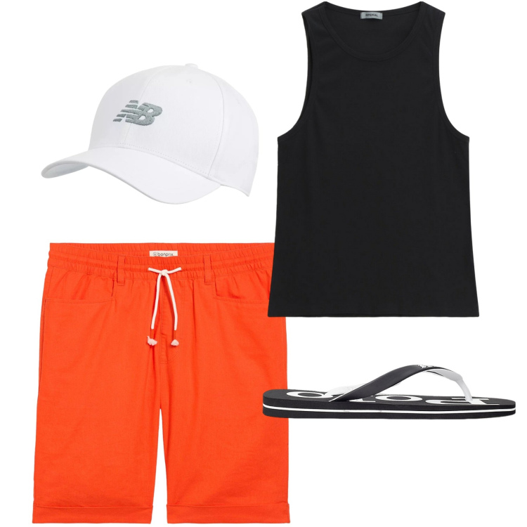 Outfit uomo - Direzione: spiaggia. Stile Casual per Mare. Abbinamento con bermuda, cappelli con visiera, canottiere, sandali.