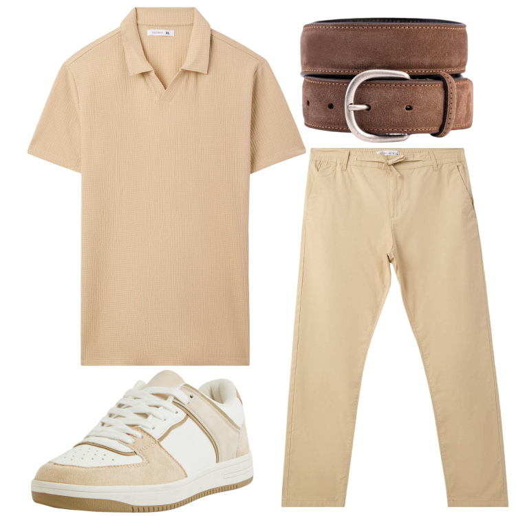 Outfit uomo - Tinta sabbia. Stile Trendy per Tutti i giorni. Abbinamento con polo, pantaloni chino, sneakers, cinture.