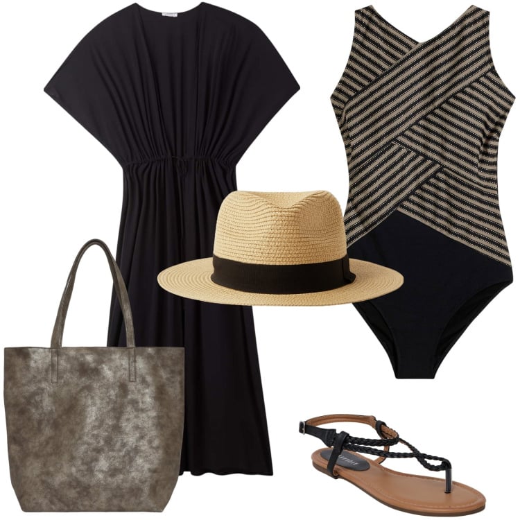Outfit donna - Vacanza con il costume intero. Stile Casual chic per Mare. Abbinamento con costumi interi, caftani, ciabatte, borse tote, cappelli.