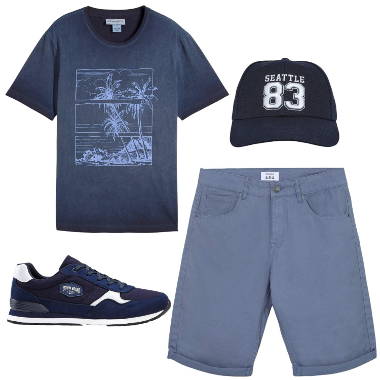 Outfit uomo - Total blue. Stile Casual per Tutti i giorni. Abbinamento con sneakers, t-shirt, cappelli, bermuda.
