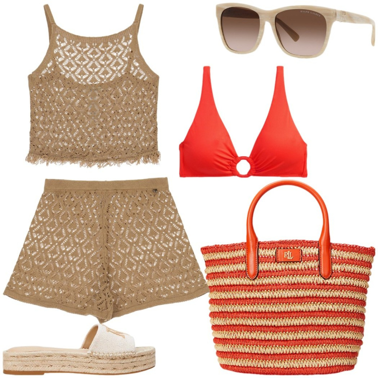Outfit donna - Crochet che passione. Stile Romantica per Mare. Abbinamento con shorts, top, occhiali da sole, borse tote, espadrillas, bikini.