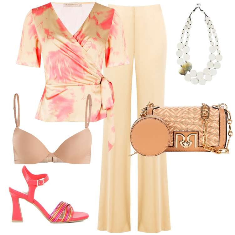 Outfit donna - Scollatura profonda. Stile Sexy per Serata fuori. Abbinamento con reggiseni push-up, pantaloni, bluse, borse a tracolla, sandali col tacco, ciondoli.