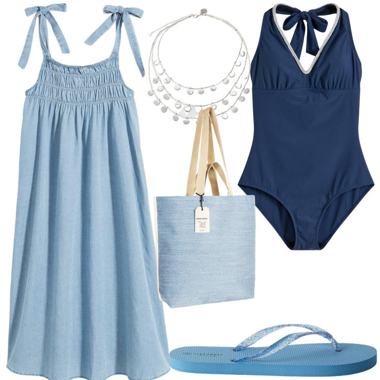 Outfit donna - Blu. Stile Urban per Mare. Abbinamento con costumi interi, vestiti midi/longuette, infradito, borse tote, ciondoli.