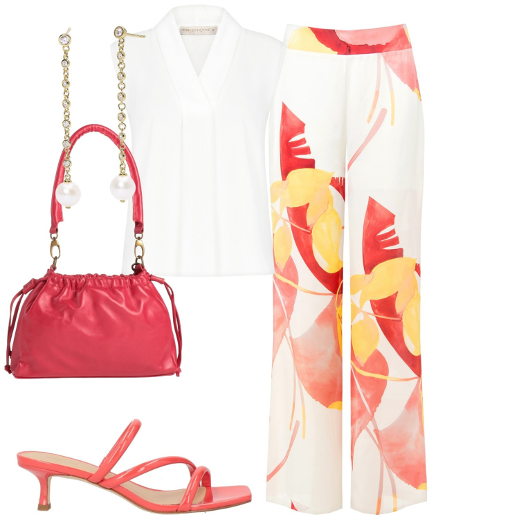 Outfit donna - Giugno. Stile Urban per Tutti i giorni. Abbinamento con sandali col tacco, borse a mano, orecchini, pantaloni, bluse.