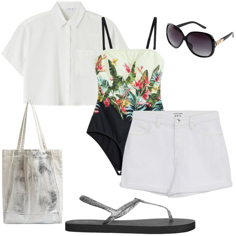 Outfit donna - Vacanza con il costume intero. Stile Casual per Mare. Abbinamento con costumi interi, occhiali da sole, shorts, shopping bag, camicie a manica corta, ciabatte.