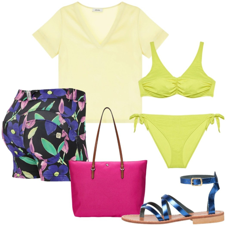 Outfit donna - Mare. Stile Casual chic per Mare. Abbinamento con infradito, shorts, t-shirt, borse tote, bikini.