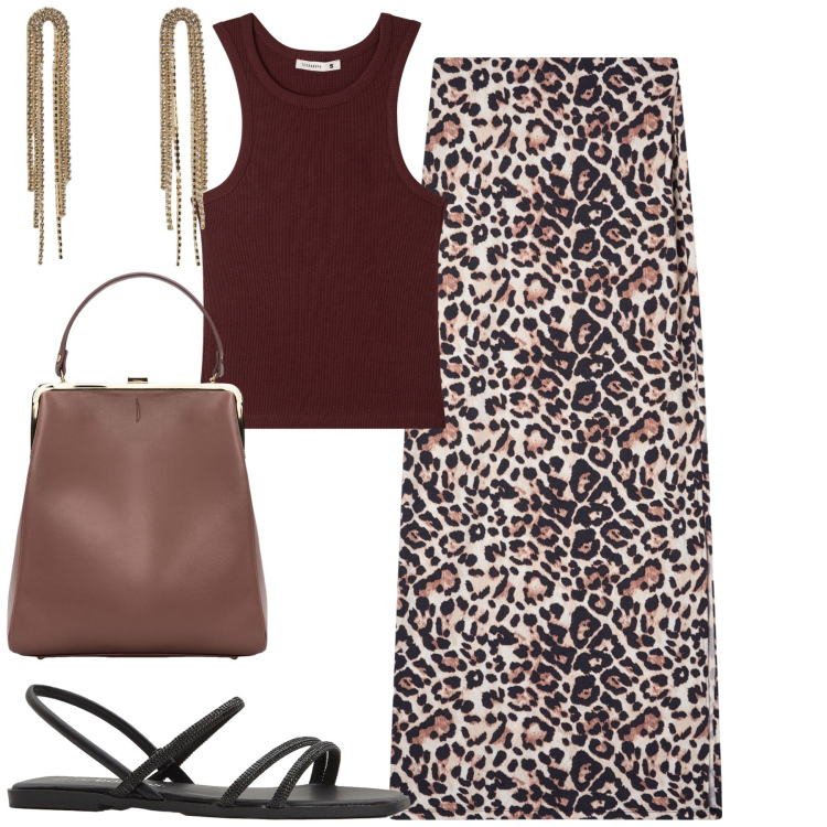 Outfit donna - Giugno. Stile Trendy per Tutti i giorni. Abbinamento con sandali, gonne lunghe, top, orecchini, borse a spalla.
