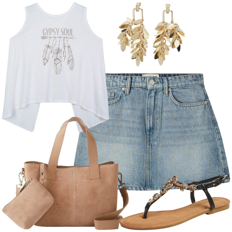 Outfit donna - Giugno. Stile Casual per Tutti i giorni. Abbinamento con borse a mano, minigonne, canottiere, sandali gioiello, orecchini.