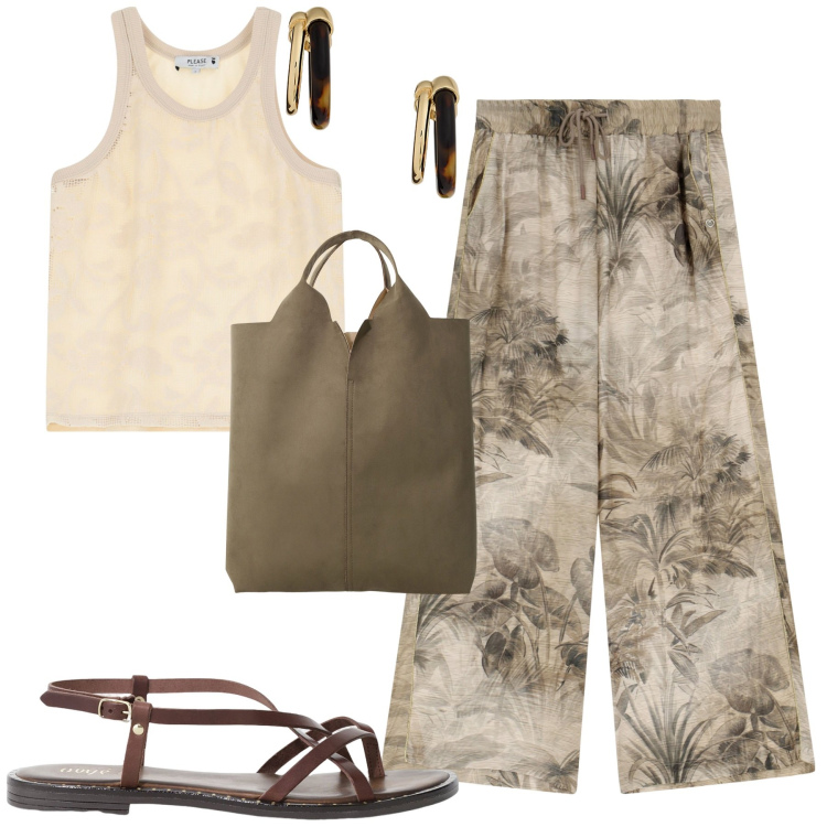 Outfit donna - Summertime. Stile Urban per Tutti i giorni. Abbinamento con pantaloni, top, shopping bag, sandali, orecchini.