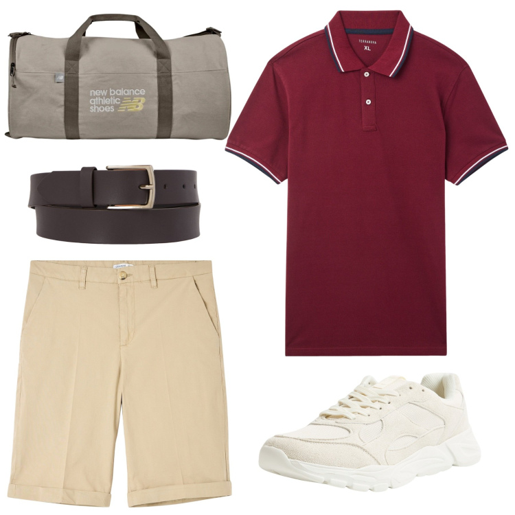Outfit uomo - Polo con dettagli a righe. Stile Casual per Tutti i giorni. Abbinamento con bermuda, sneakers, polo, borse sportive, cinture.
