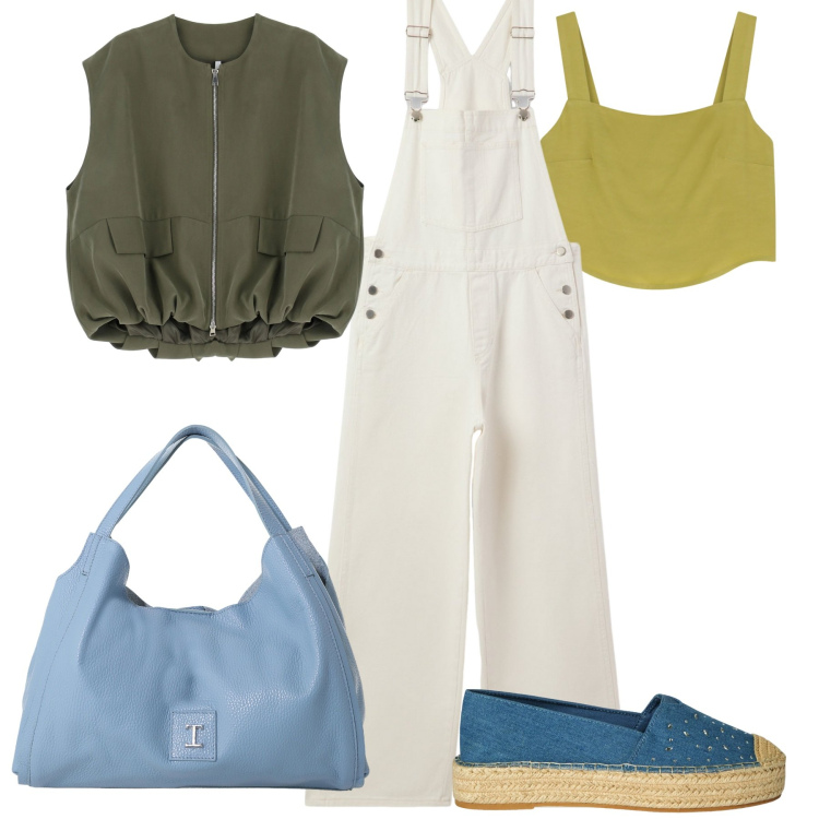 Outfit donna - Salopette per tutti i giorni. Stile Casual per Tutti i giorni. Abbinamento con espadrillas, salopette, blazer, pochette, top.