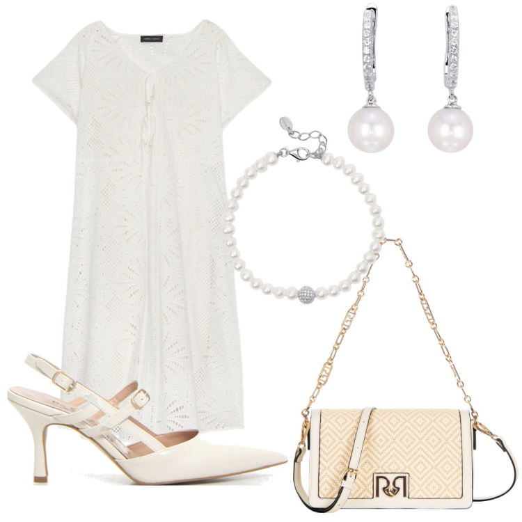 Outfit donna - Bianco curvy. Stile Chic per Cerimonia. Abbinamento con orecchini, braccialetti, borse a tracolla, vestiti lunghi, décolleté.