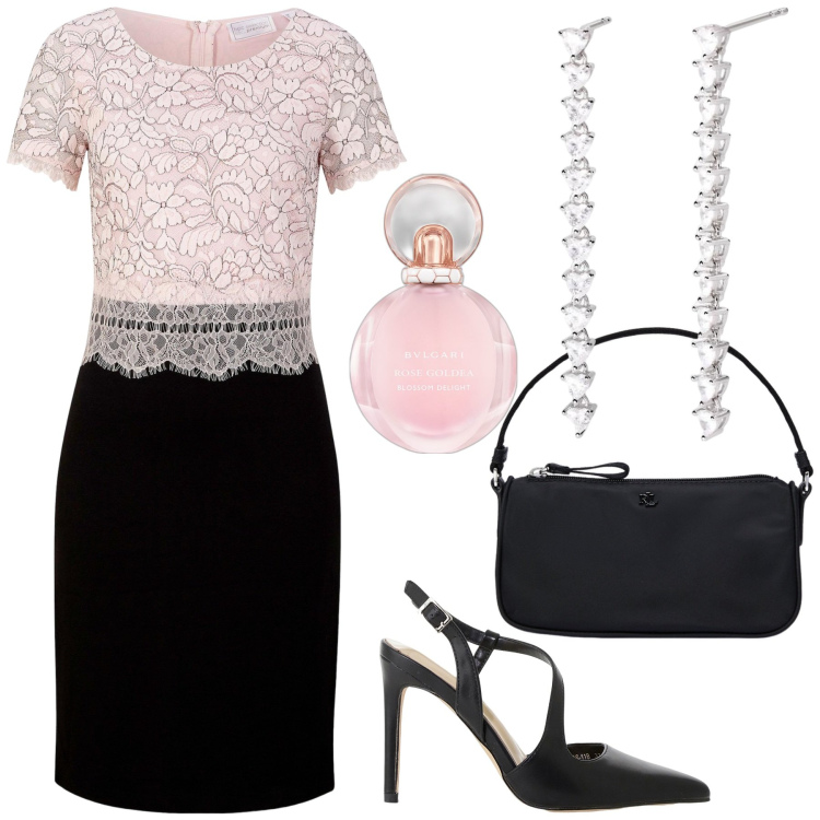 Outfit donna - Tubino classico. Stile Glamour per Ufficio. Abbinamento con vestiti, profumi, orecchini, décolleté, pochette.