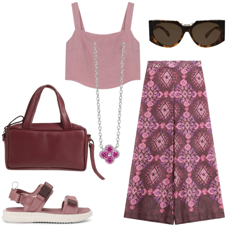 Outfit donna - In vacanza. Stile Etnico per Tutti i giorni. Abbinamento con borse a mano, occhiali da sole, collane, sandali, pantaloni, top.