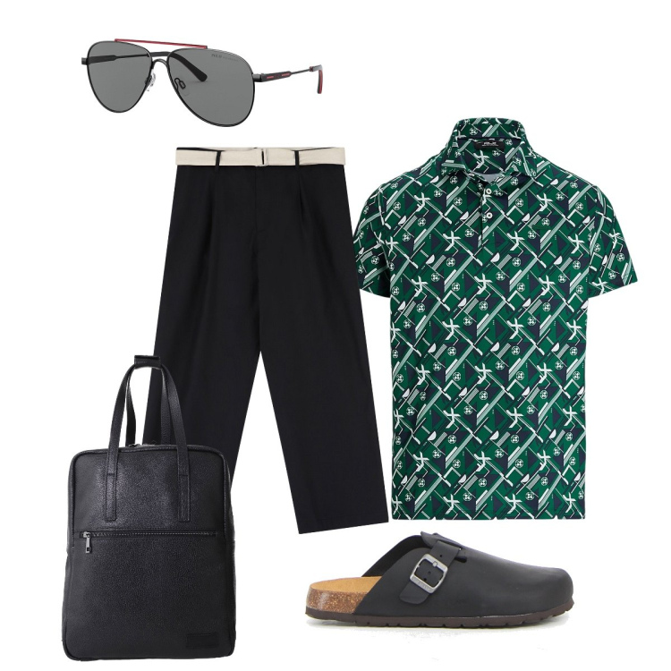 Outfit uomo - In città. Stile Trendy per Tutti i giorni. Abbinamento con pantaloni, borse sportive, occhiali da sole, polo, sandali.