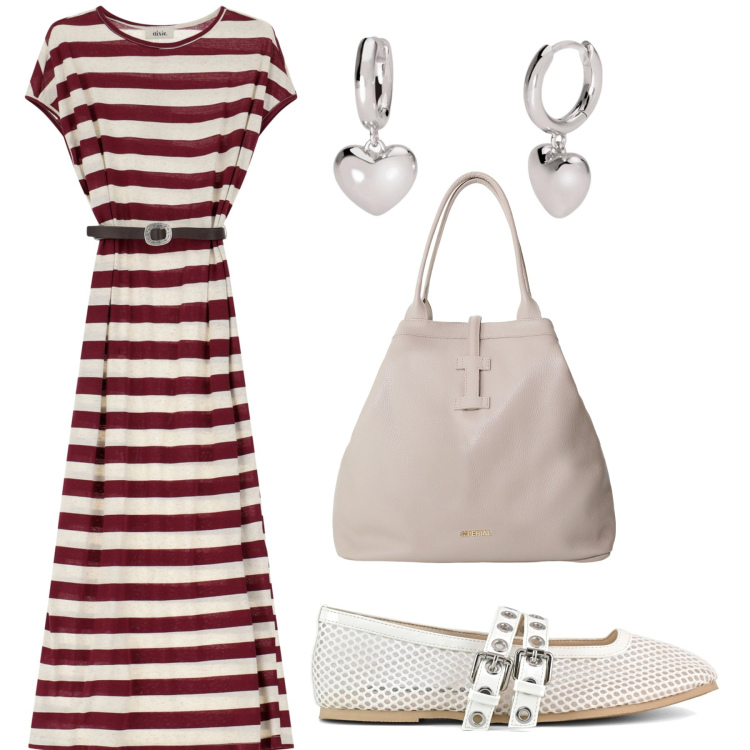 Outfit donna - Dixie a righe. Stile 70s per Tutti i giorni. Abbinamento con orecchini, borse tote, vestiti midi/longuette, ballerine.