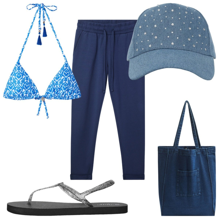 Outfit donna - Total look #2187703. Stile Trendy per Mare. Abbinamento con pantaloni, cappelli, shopping bag, ciabatte, bikini.