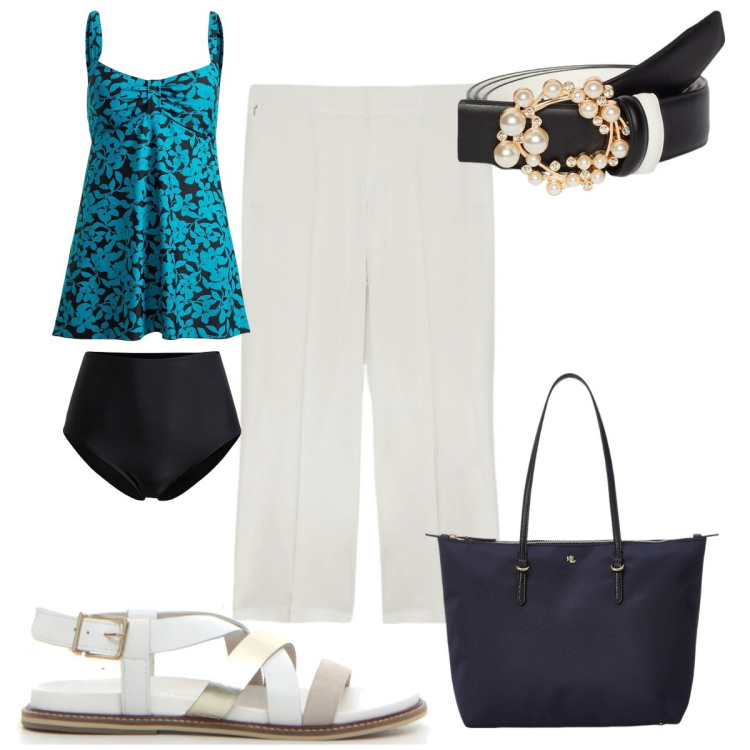Outfit donna - Total look #2187704. Stile Trendy per Mare. Abbinamento con costumi interi, borse tote, pantaloni, cinture, sandali.