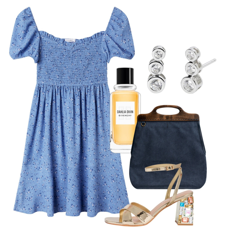 Outfit donna - Giugno. Stile Bon Ton per Tutti i giorni. Abbinamento con profumi, vestiti corti, sandali gioiello, orecchini, borse a tracolla.