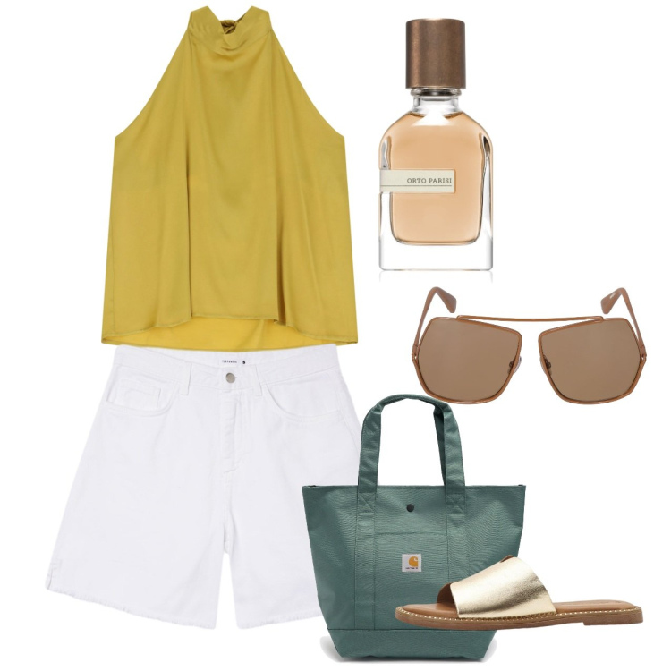 Outfit donna - Giugno. Stile Casual chic per Tutti i giorni. Abbinamento con ciabatte, profumi, shorts, top, occhiali da sole, borse tote.