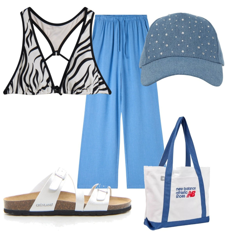 Outfit donna - Total look #2187711. Stile Trendy per Mare. Abbinamento con cappelli, pantaloni, shopping bag, bikini, ciabatte.