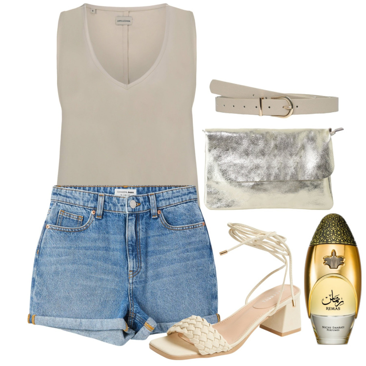 Outfit donna - Pomeriggio giugno. Stile Casual chic per Tutti i giorni. Abbinamento con profumi, shorts, sandali alla schiava, cinture, borse a tracolla, top.