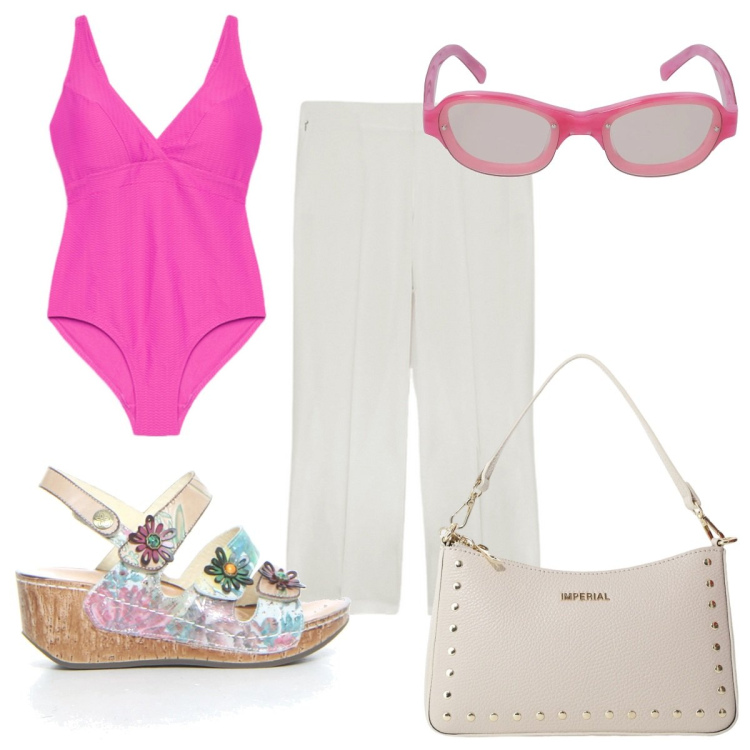 Outfit donna - Total look #2187713. Stile Trendy per Mare. Abbinamento con borse a spalla, pantaloni, costumi interi, sandali, occhiali da sole.