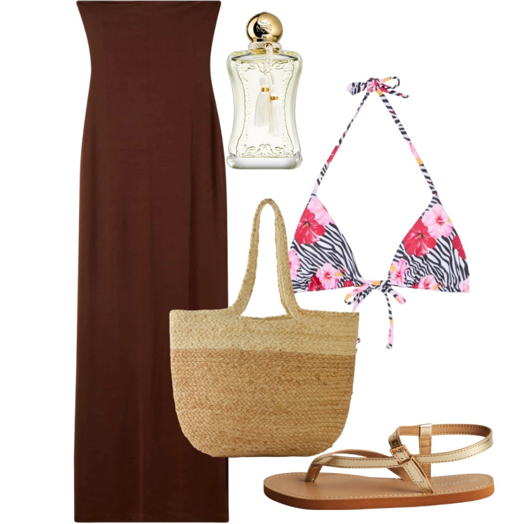 Outfit donna - Mare chic. Stile Chic per Mare. Abbinamento con shopping bag, profumi, vestiti lunghi, ciabatte, bikini.
