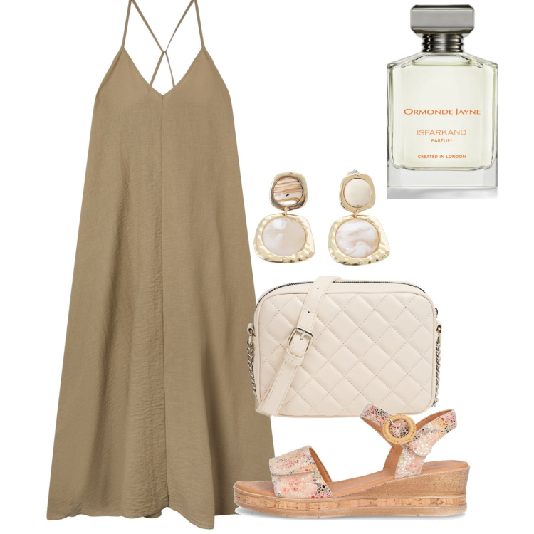 Outfit donna - Nocciola. Stile Chic per Tutti i giorni. Abbinamento con profumi, vestiti lunghi, borse a tracolla, orecchini, sandali.