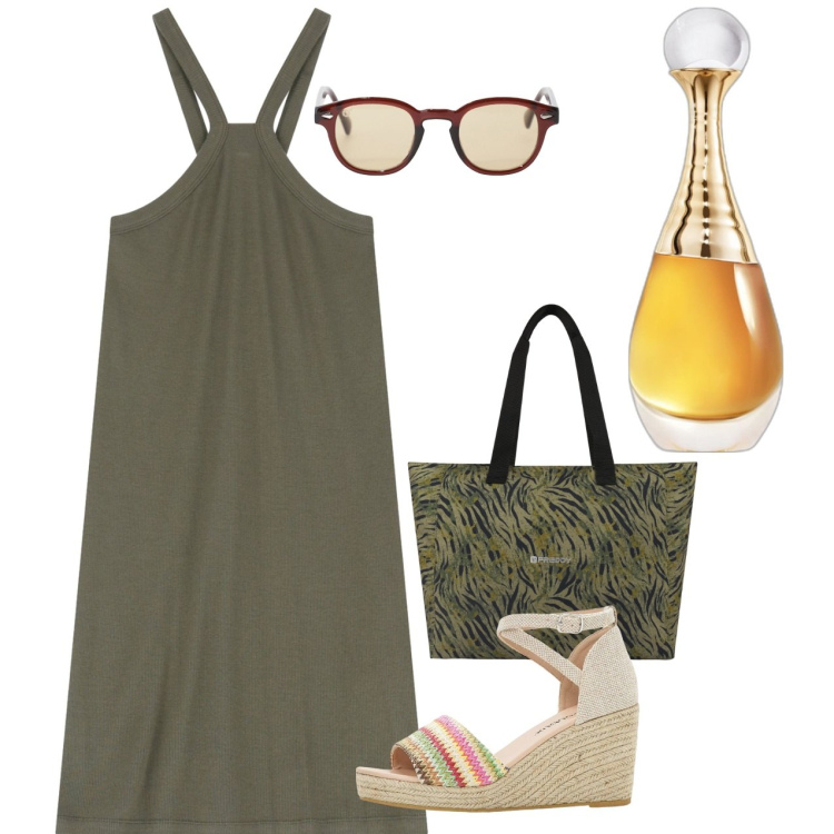 Outfit donna - Spalle a vista. Stile Chic per Tutti i giorni. Abbinamento con sandali, profumi, occhiali da sole, shopping bag, vestiti corti.